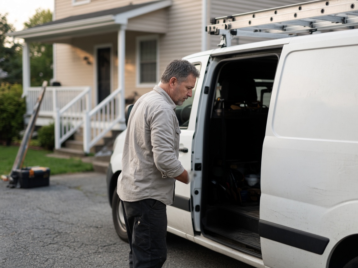 A home-services contractor unloading tools from a van in a suburban driveway.