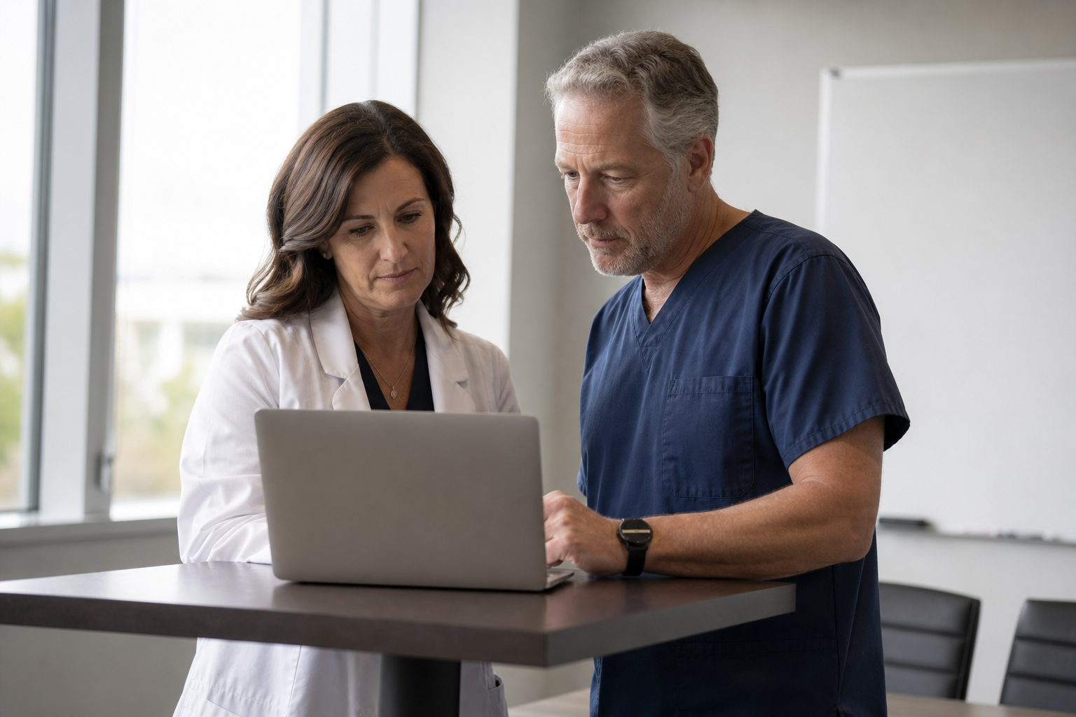 Clinicians reviewing a digital healthcare platform together
