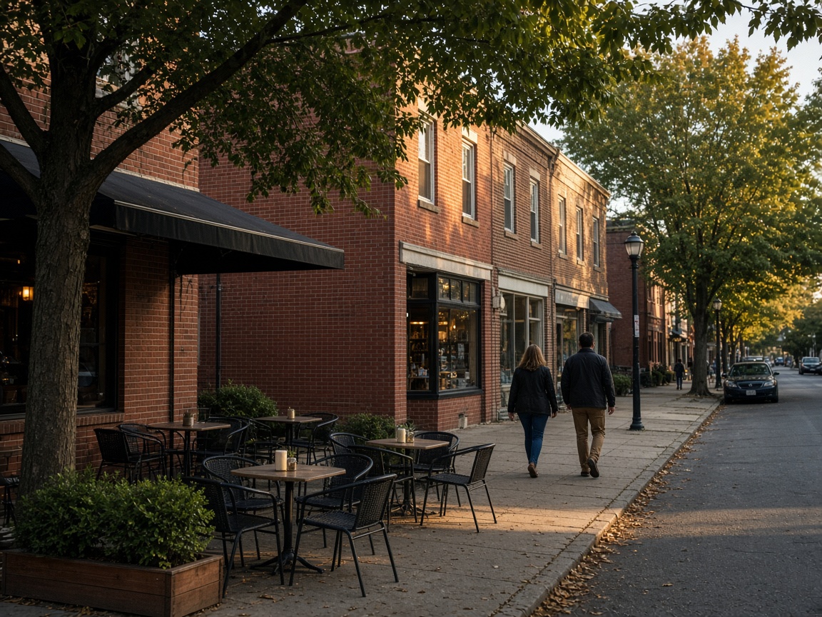 A restaurant patio and shopfronts along a tree-lined commercial street.