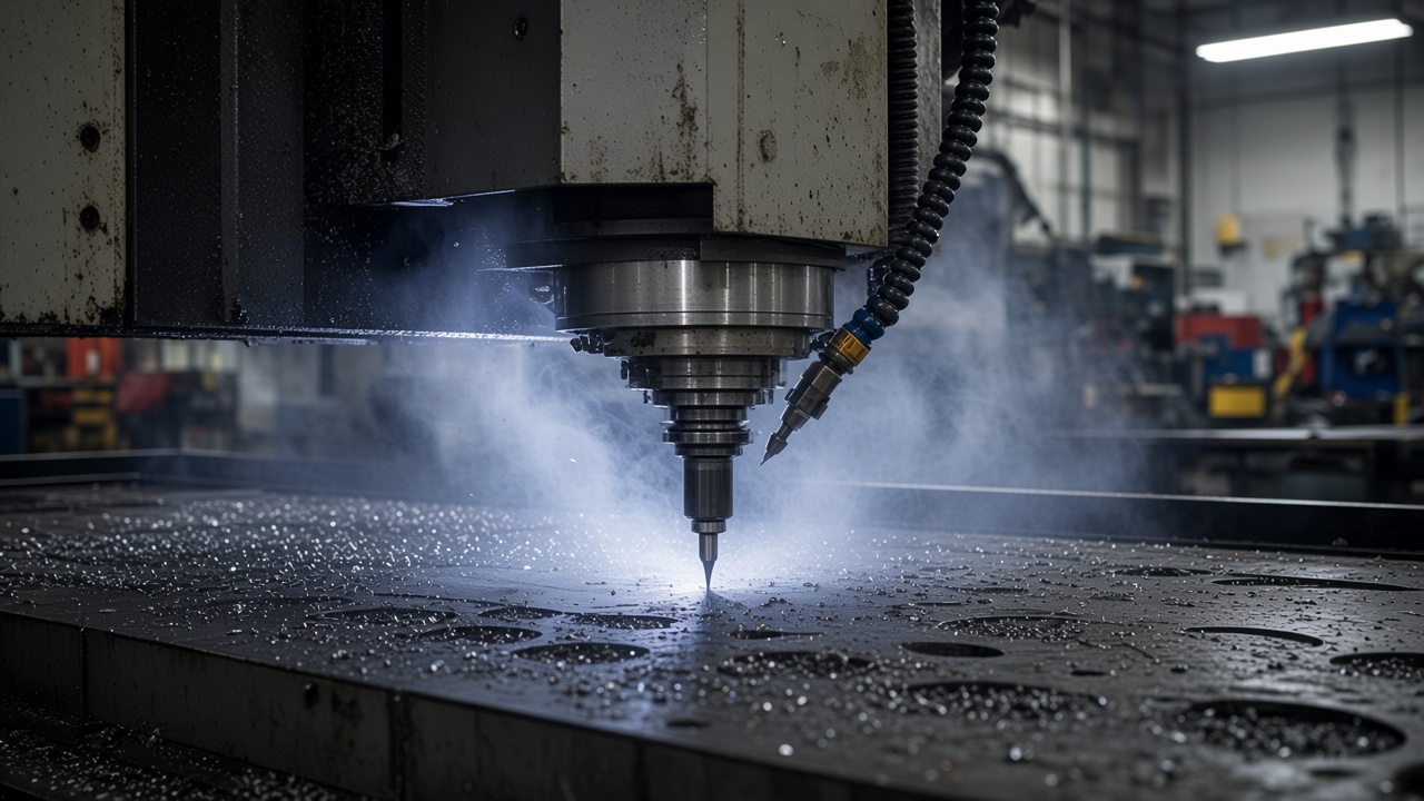 CNC mill machining a steel part on a job-shop floor