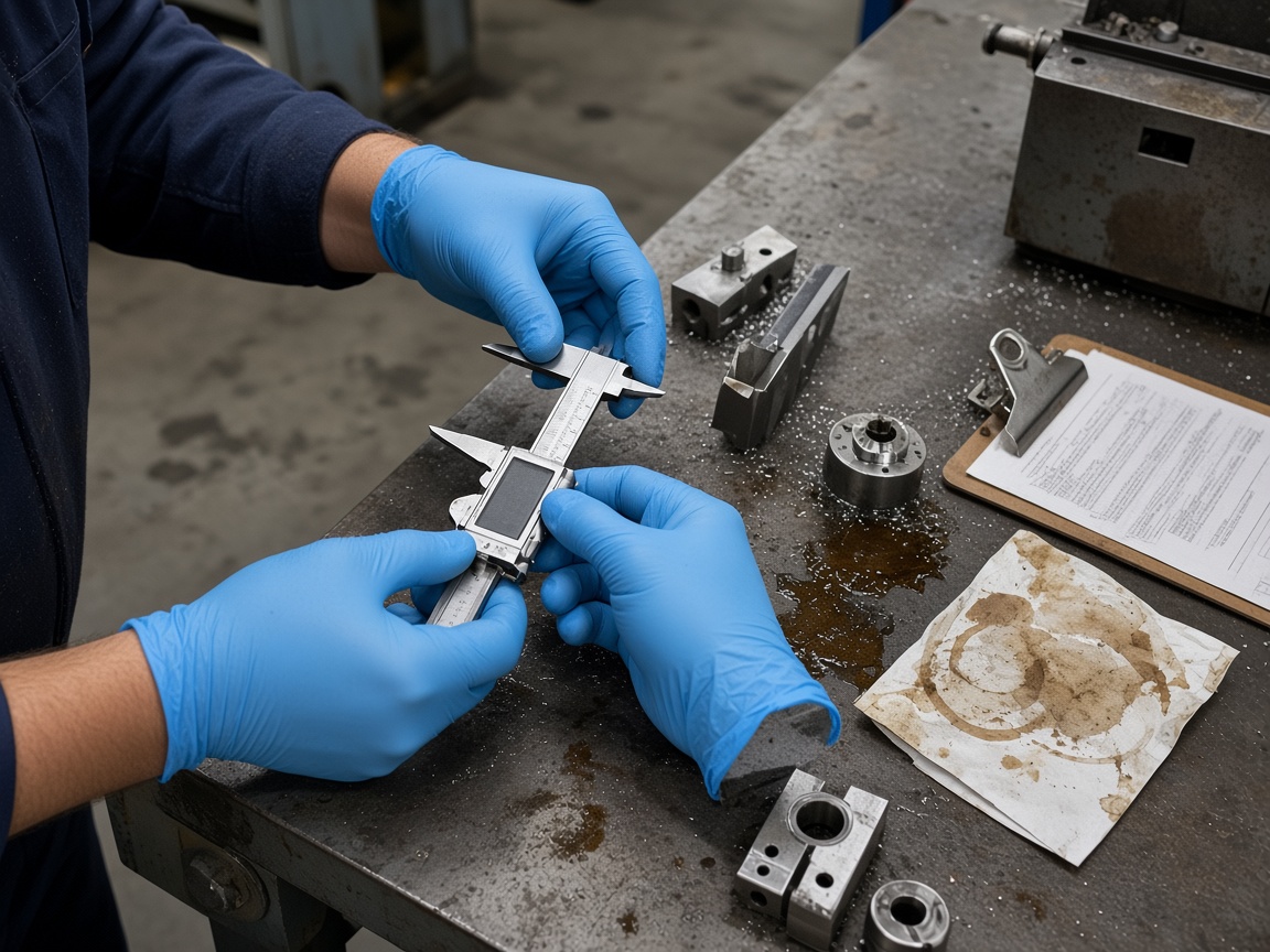 Machinist inspecting a precision-turned steel part with a digital caliper