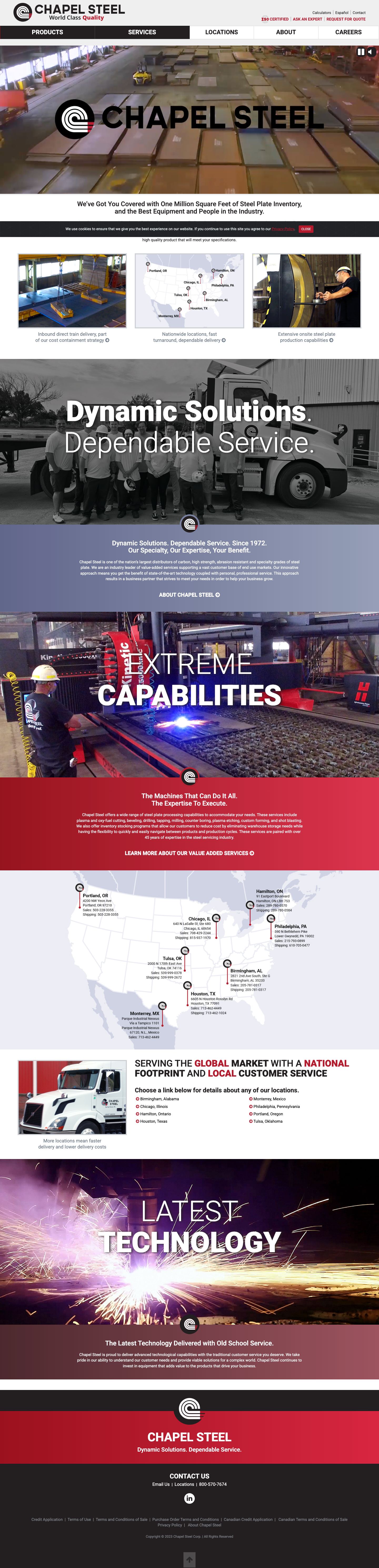 Chapel Steel homepage, showing steel plate inventory, processing capabilities, and locations from the top of the page through the footer