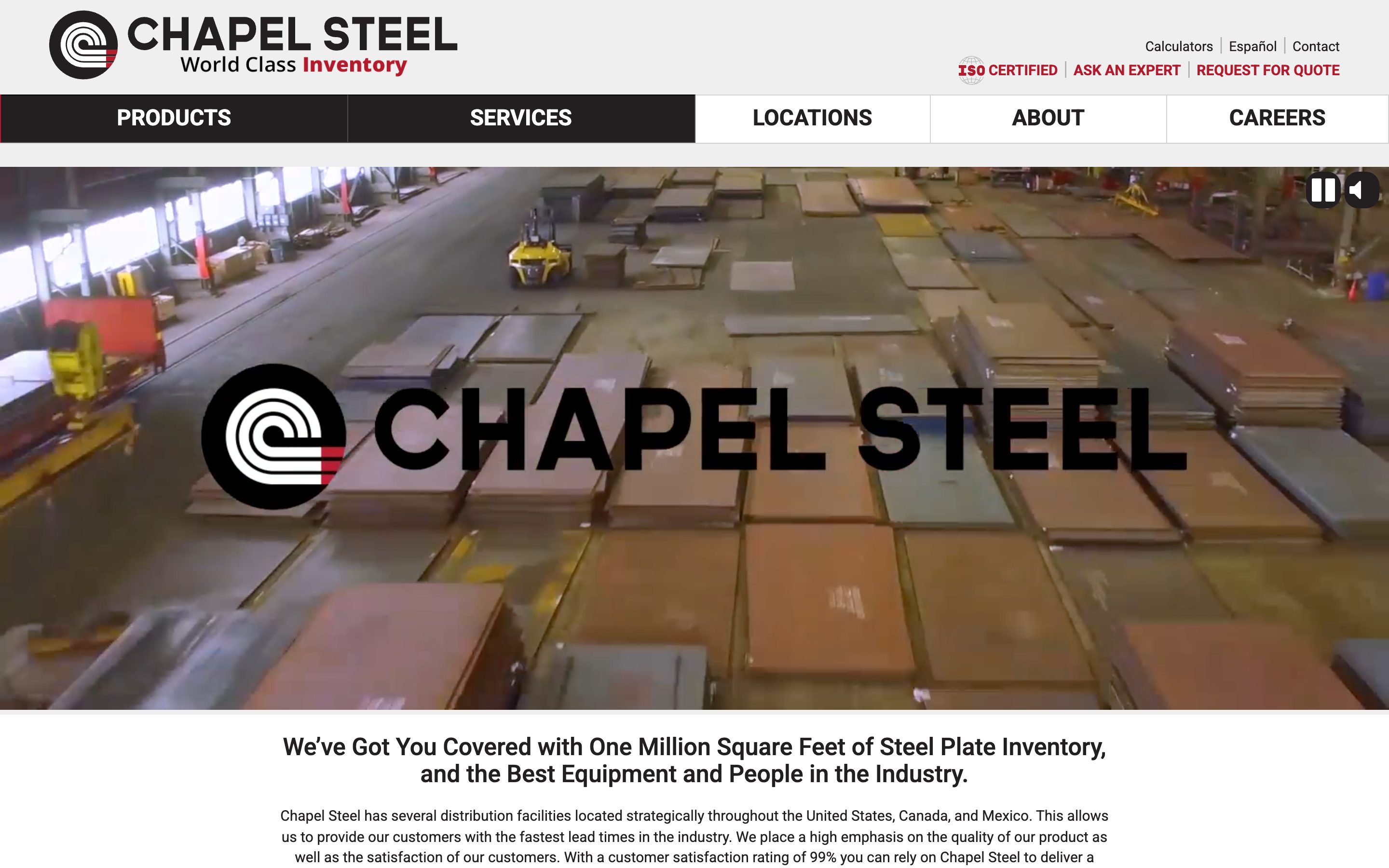 Chapel Steel homepage with steel plate inventory and processing