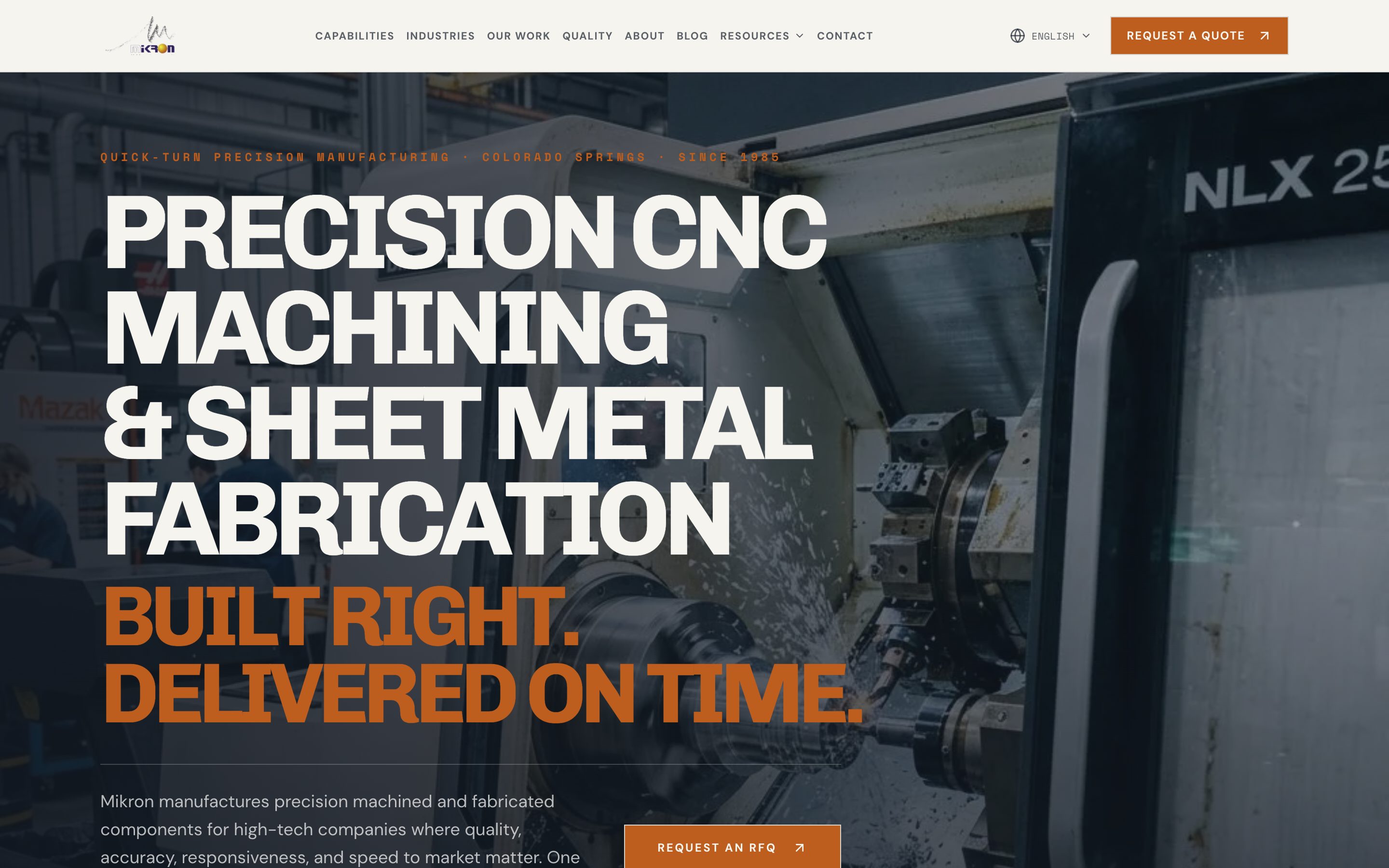 Mikron Manufacturing homepage showing CNC and sheet metal capabilities