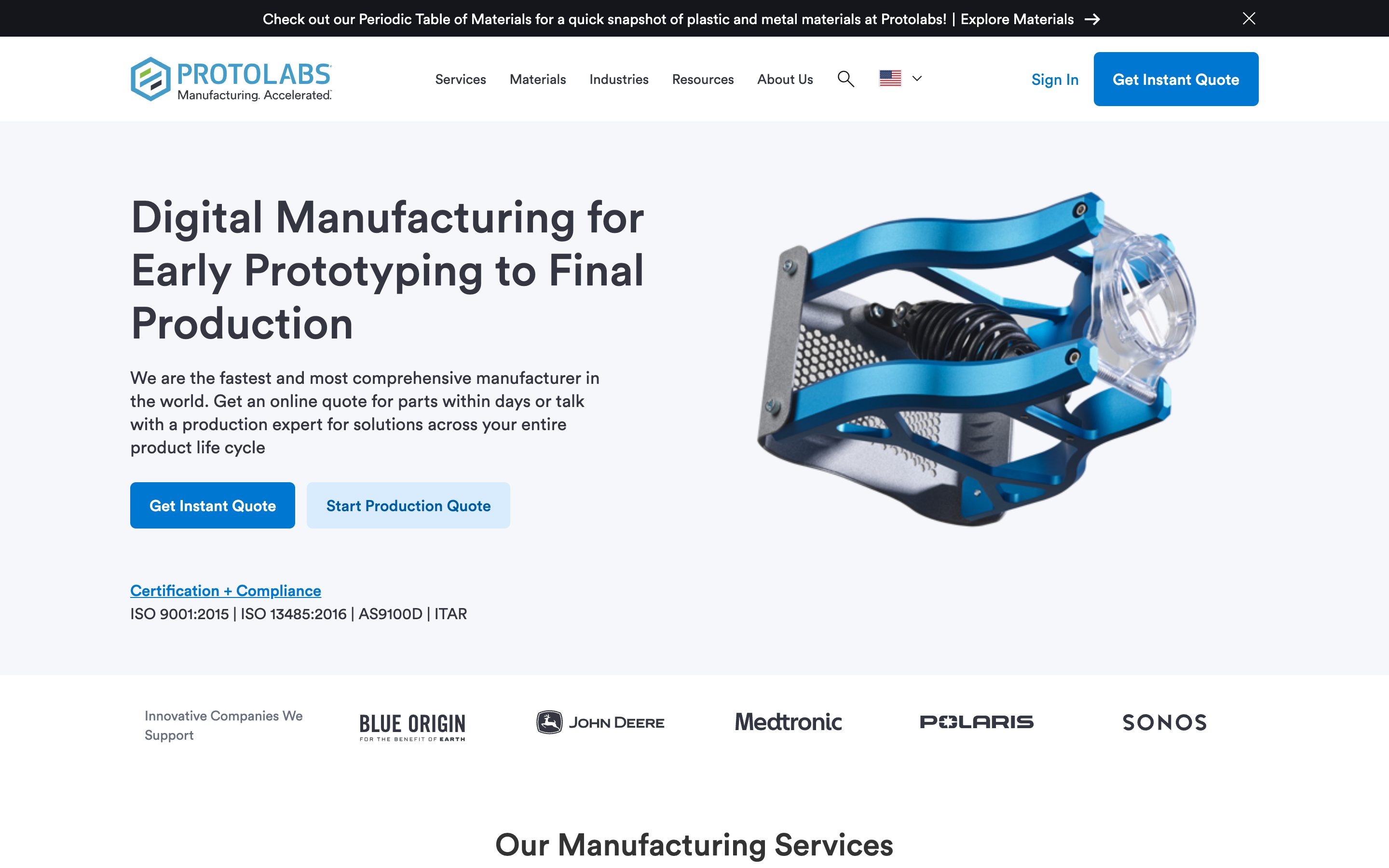 Protolabs homepage with instant quote and production quote paths
